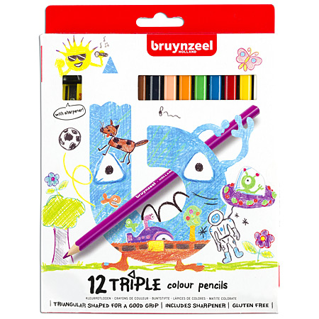 Bruynzeel Kids Triple - étui en carton - assortiment de 12 crayons de couleur triangulaires & 1 taille-crayon