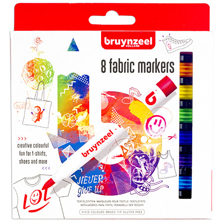 Bruynzeel Cardboard box - 8 assorted brush tip fabric markers