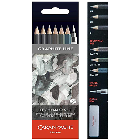 Caran d'Ache Graphite Line - Technalo set - metalen etui - assortiment van 6 aquarelleerbare grafietptloden & 1 waterpenseel