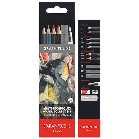 Caran d'Ache Graphite Line - watersoluble set - tin - 7 assorted pencils, 3 leads & accessories