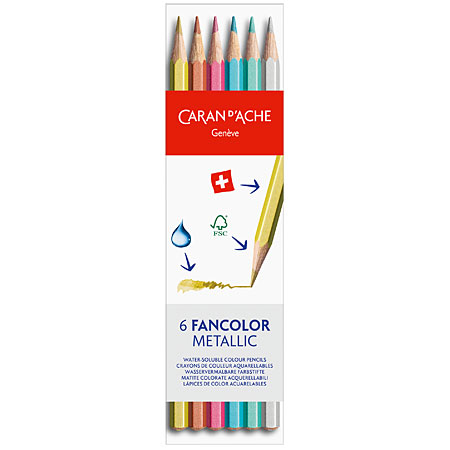 Caran d'Ache Fancolor Metallic - card case - 6 assorted water soluble colour pencils - metallic colours