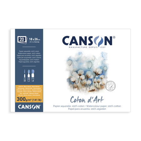 Canson Coton d'Art - bloc aquarelle - 20 feuilles - 100% coton - collé 4 côtés - grain fin