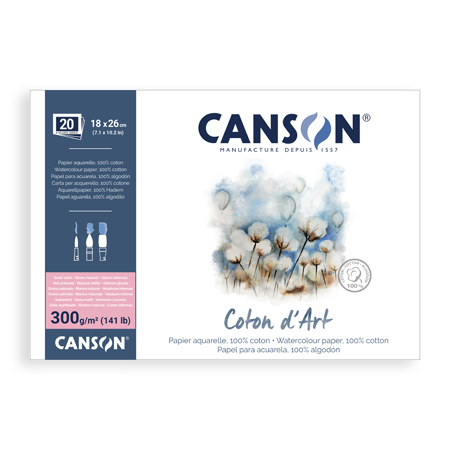 Canson Coton d'Art - bloc aquarelle - 20 feuilles - 100% coton  - collé 4 côtés - grain satiné