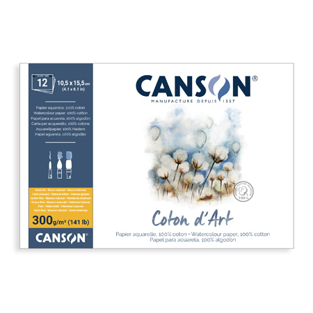 Canson Coton d'Art - bloc aquarelle - 12 feuilles - 100% coton - collé grand côté - grain fin