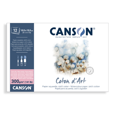 Canson Coton d'Art - bloc aquarelle - 12 feuilles - 100% coton - collé grand côté - grain satin