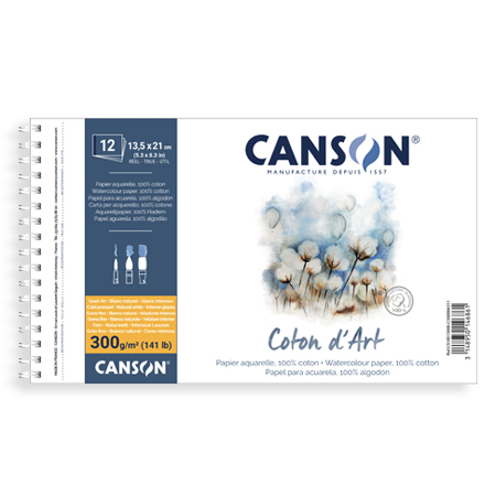 Canson Coton d'Art - album aquarelle spiralé - 12 feuilles 300g/m² - 13,5x21cm - grain fin