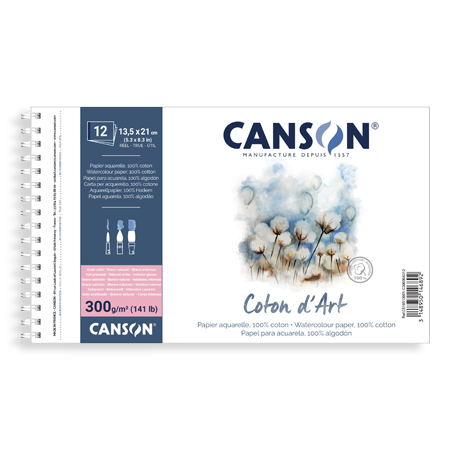 Canson Coton d'Art - album aquarelle spiralé - 12 feuilles 300g/m² - 13,5x21cm - grain satin