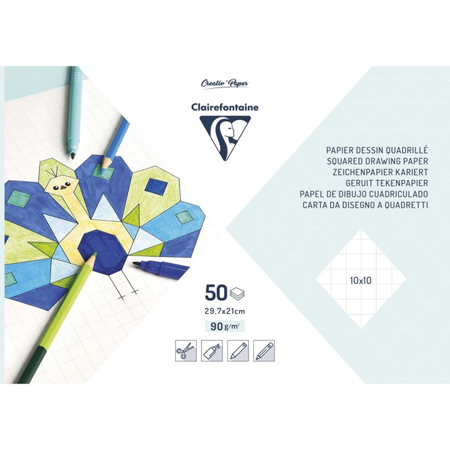 Clairefontaine Bloc quadrillé 10x10 - 50 feuilles à dessin quadrillé - 21x29.7cm - 90g/m²