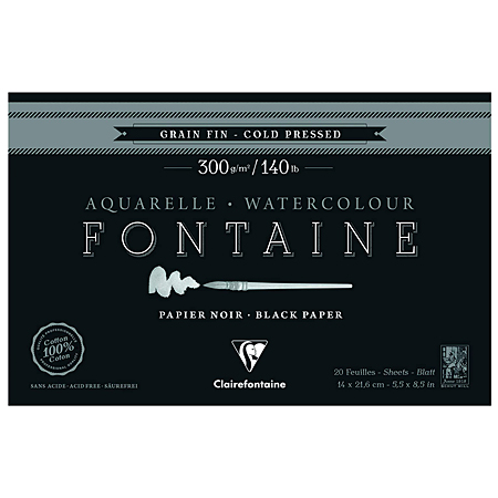 Clairefontaine Fontaine - watercolour pad - 100% cotton black sheets - 300g/m² - glued on 4 sides - cold pressed