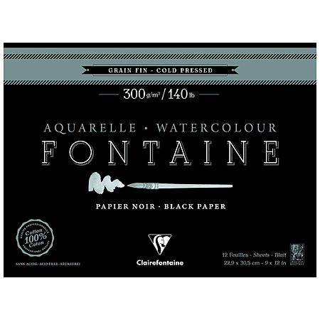 Clairefontaine Fontaine - watercolour pad - 100% cotton - 12 black sheets - 300g/m² - cold pressed