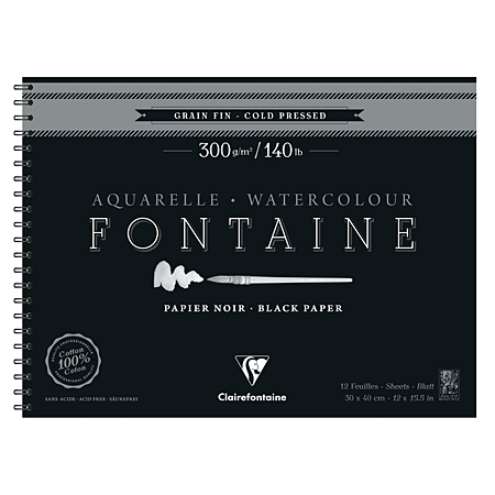 Clairefontaine Fontaine - aquarelblok met spiraal - 12 zwarte vellen - 100% katoen - 300gr/m² - fijne korrel
