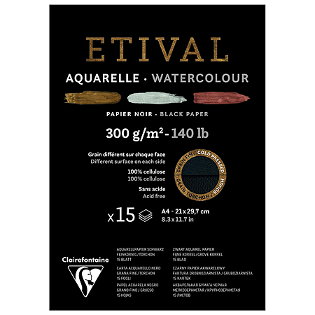 Clairefontaine Etival - aquarelblok - 15 zwarte vellen 300gr/m² - fijne/grove korrel