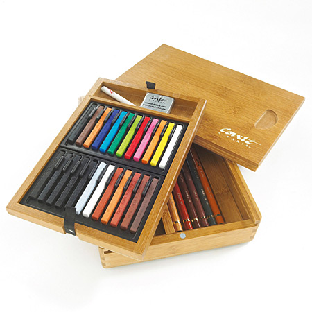 Conte A Paris Bamboo box - 12 assorted sketching crayons, 12 coloured crayons, 6 sketching pencils & accessories