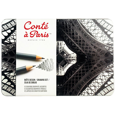 Conte A Paris Boîte Dessin - étui en métal - assortiment de 12 crayons graphite