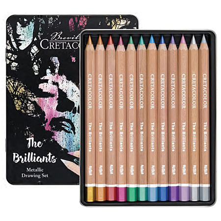 Cretacolor The Brilliants - Mega Color Metallic Drawing Set - étui en métal - assortiment de 12 crayons de couleurs métallisées