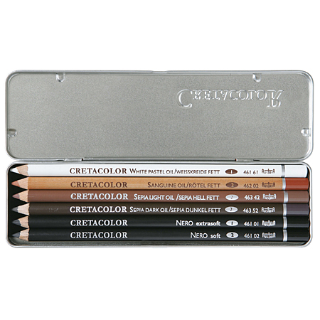 Cretacolor Oil Pencil Pocket Set - metalen etui - assortiment van 6 schetspotloden op oliebasis