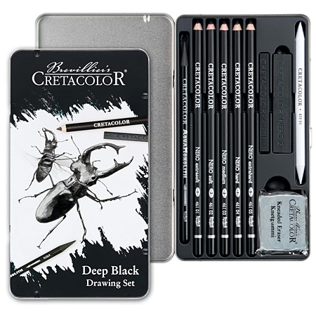 Cretacolor Deep Black Drawing Set - étui en métal - assortiment de 5 crayons Nero, 3 mines esquisse noires & accessoires