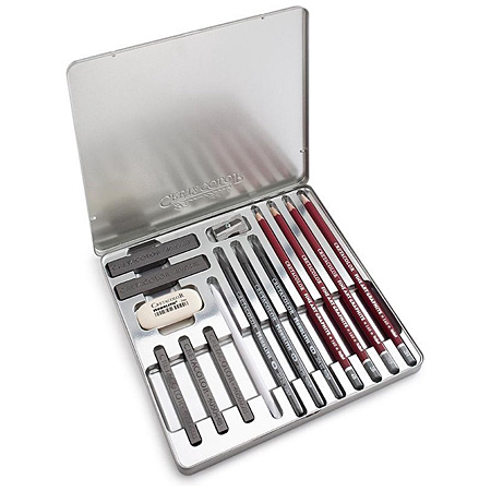 Cretacolor Silver Box Drawing Set - tin - 12 assorted graphite pencils & leads & 3 accessories
