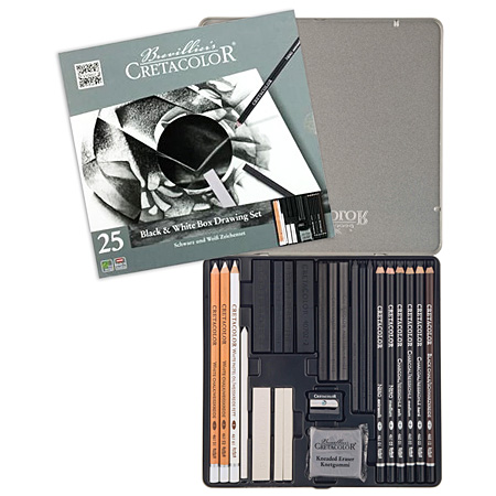Cretacolor Black & White Box Drawing Set - tin - 23 assorted sketching pencils & sticks (black/white) & accessories