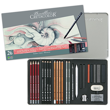Cretacolor Teacher's Choice - Advanced Drawing Set - metalen etui - assortiment van 22 schets-potloden &-stiften & 4 toebehoren