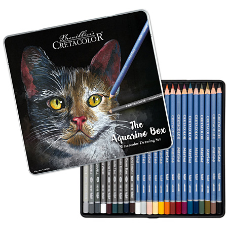 Cretacolor The Aquarino Box Watercolour Drawing Set - étui en métal - assortiment de 24 crayons aquarellables (graphite & couleur)