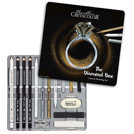 Cretacolor The Diamond Box Luxury Drawing Set - metalen etui - assortiment van 12 potloden, stiften, & pastels & 3 toebehoren