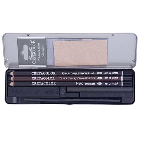 Cretacolor Charcoal Pocket Set - étui en métal - assortiment de crayons, mine & bâtons de fusain (8 pièces)