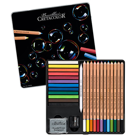 Cretacolor The Pastel Basic Box Set - étui en métal - assortiment de 12 craies pastel, 12 crayons pastel & accessoires