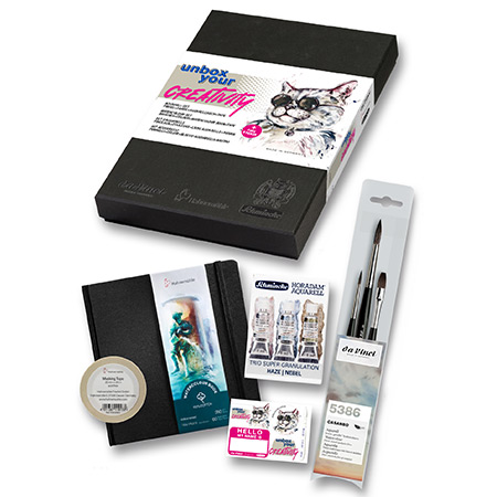 Da Vinci x Hahnemühle x Schmincke - Unbox your Creativity - geschenkdoos voor aquarel - 3 penselen, 3 tubes, 1 boekje & toebehoren