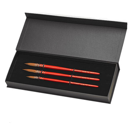 Da Vinci Colineo red - coffret cadeau - set de 3 pinceaux aquarelle - fibres synthétiques - forme rond - manche court - n°0-1-2