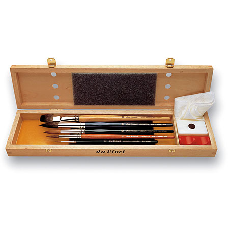 Da Vinci Wooden box - 5 assorted watercolour brushes - natural hair & synthetic - short handle