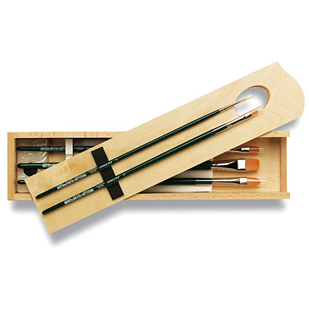 Da Vinci Nova - wooden box - 5 assorted brushes for oil & acrylics - synthetic fibres - long handle