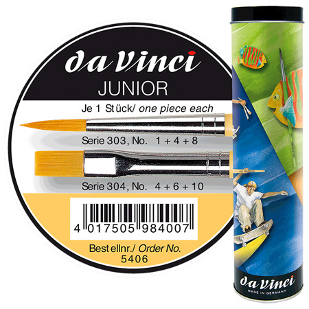 Da Vinci Junior Synthetics - boîte en métal - set de 6 pinceaux - fibres synthétiques - assortis ronds & plats - manche court