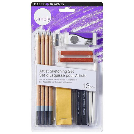 Daler-Rowney Simply Artist Sketching Set - 4 graphite pencils, 2 charcoal sticks, 2 pastels & accessories