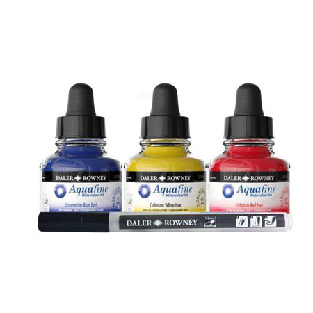 Daler-Rowney Aquafine Starter set - watercolour ink - pigment based - 3 assorted 29.5ml bottles & 1 FW empty marker
