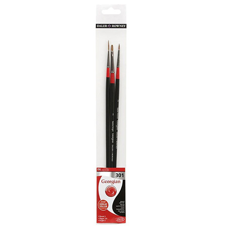 Daler-Rowney Georgian - 3 assorted brushes - sable hair - long handle - round (n.2) - long liner (n.5/0) - bright (n.2)