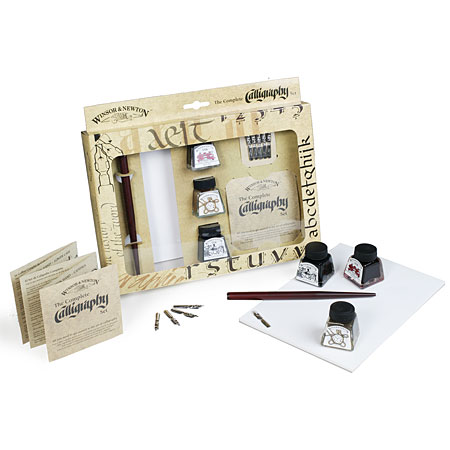 Winsor & Newton Complete Calligraphy Set - 3 ink bottles 14ml, 5 nibs, 1 nibholder & paper