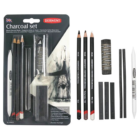 Derwent Charcoal Set - paquet de bâtons & crayons fusain & 1 tortillon