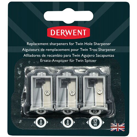 Derwent Pack of 3 replacement sharperners for battery operated twin hole sharpener (2x 8mm/1x 12mm)