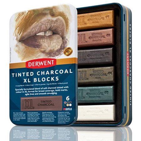 Derwent XL Tinted Charcoal Block - étui en métal - assortiment de 6 bâtons de fusain coloré