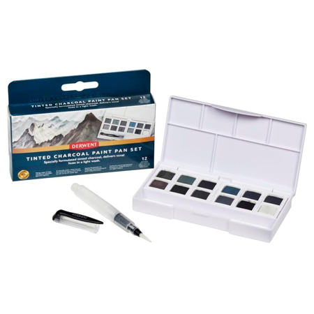 Derwent Tinted Charcoal - watercolour - travel set - 12 half pans - charcoal colours