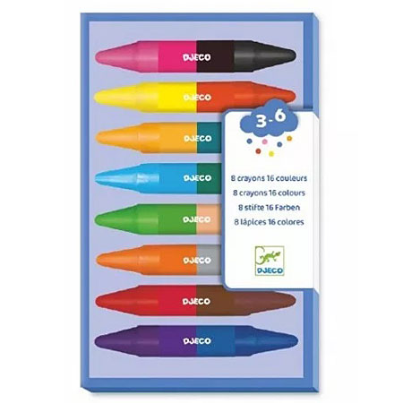Djeco Etui en carton - assortiment de 8 craies à la cire bicolores (16 couleurs)