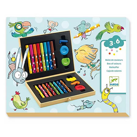 Djeco Coffret en bois - assortiment de 8 crayons, 8 marqueurs & 6 pastels