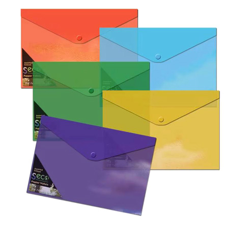 Seco Pakje van 5 documentenmap - plastic - 180µ - drukknoopsluiting - A4+ - biologisch afbreekbaar - geassorteerde kleuren