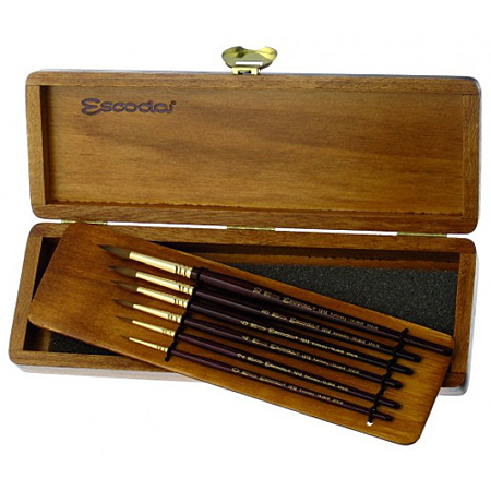 Escoda Reserva - wooden box - 6 assorted kolinsky brushes for watercolour - round (n.0-2-4-6-8-10)