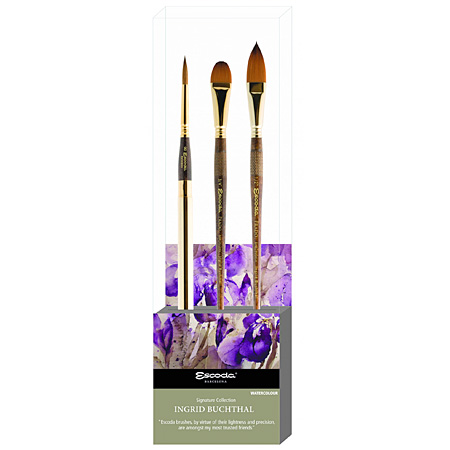 Escoda Ingrid Buchthal Set 2 - 3 assorted watercolour brushes - synthetic & kolinsky - round (n.8), bright (3/4") & filbert (1/2")