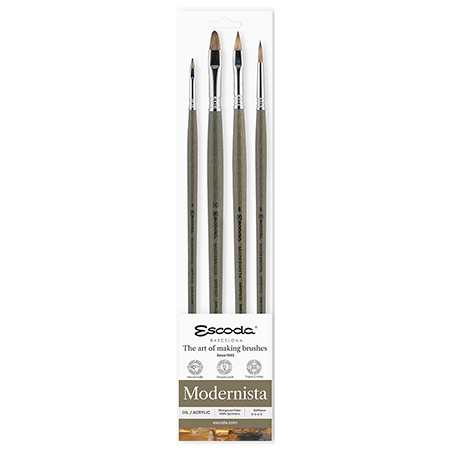 Escoda Modernista - set de 4 pinceaux pour l'huile & l'acrylique - fibres synthétiques - manche long - formes assorties