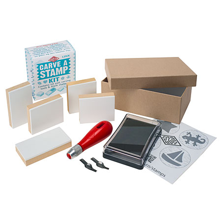 Essdee Carve a Stamp Kit - set van 5 linoblokken, 1 stempelkussen, 2 geassorteerde mesjes & 1 steel