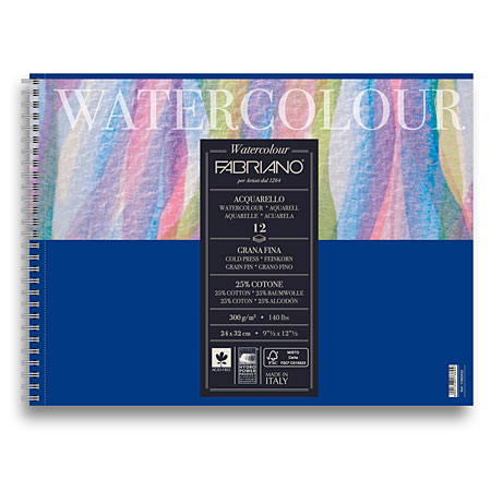 Fabriano Watercolour - aquarelblok met spiraal - 12 vellen 300gr/m² - fijne korrel