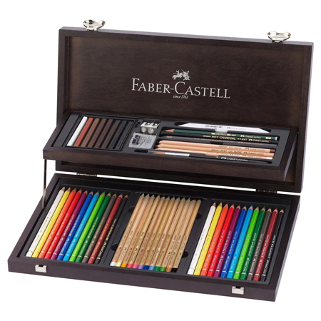 Faber Castell Art & Graphic - coffret en bois - assortiment de 42 crayons & 8 craies esquisse & accessoires
